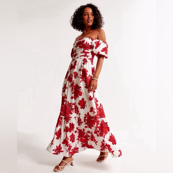 Abercrombie & Fitch Dresses & Skirts - Abercrombie & Fitch Emerson Red and White Floral Off-the-Shoulder Maxi Dress